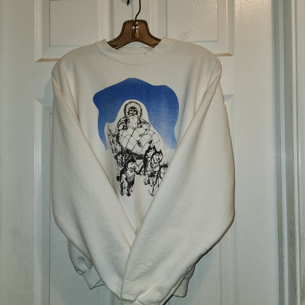 Whimsical Bright White Women's Sweatshirt with Dog Sledding theme